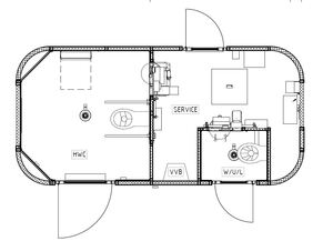 Planlösning offentlig toalett med runda hörn och en HWC/ RWC samt en WC